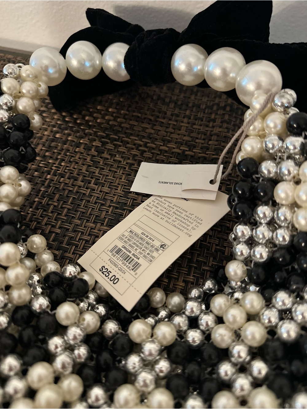 NWT A New Day Black & White Beaded Checkered Shoulder Bag with Bow Pearl - Picture 5 of 12